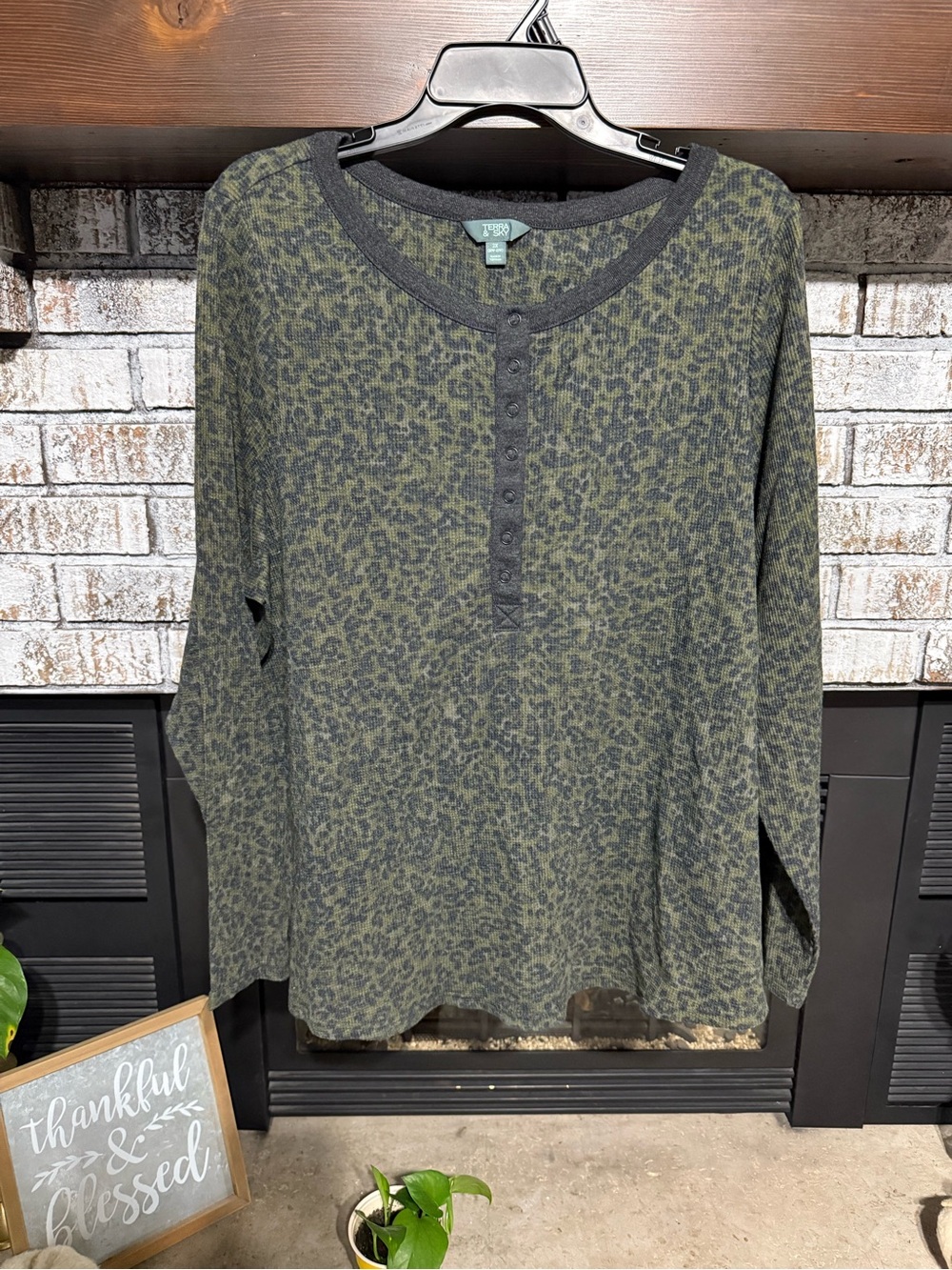 Terra & Sky Olive Green Leopard Henley Long Sleeve Top